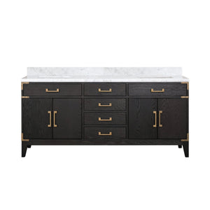 English Elm Black Oak Double Bath Vanity 72" W X 22" D With Luxurious Carrara Marble Top & Ample Storage Solutions B2731P260948