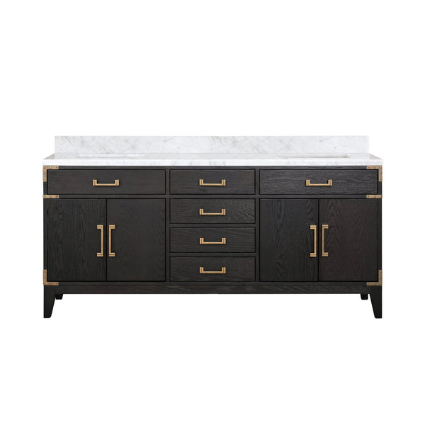 English Elm Black Oak Double Bath Vanity 72" W X 22" D With Luxurious Carrara Marble Top & Ample Storage Solutions B2731P260948