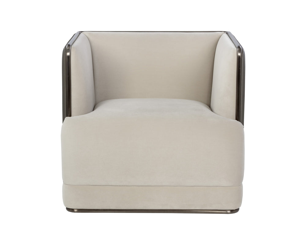 Sunpan Sierra Armchair – Bold Modern Design in Meg Taupe Fabric & Textured Faux Leather with Bronze Frame