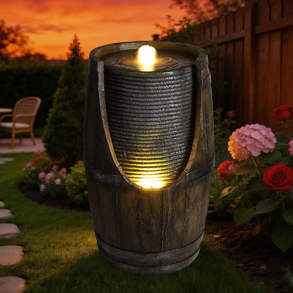 English Elm Outdoor Rustic Barrel Resin Fountain with Led Lights Farmhouse Waterfall Patio Decor Grayish Green W5397P453959