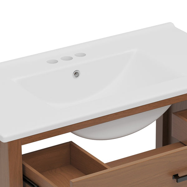 English Elm Christopher Knight Home® - 36" Rattan Bathroom Vanity with Ceramic Sink and Soft-Close Drawers, Handwoven Door Texture, Solid Wood Legs, Spacious Storage Elegance Brown N817P271077B