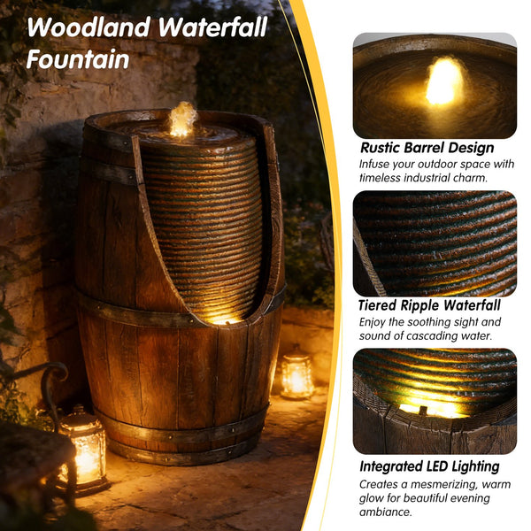 English Elm Outdoor Rustic Barrel Resin Fountain with Led Lights Farmhouse Waterfall Patio Decor Brown Gray W5397P454560