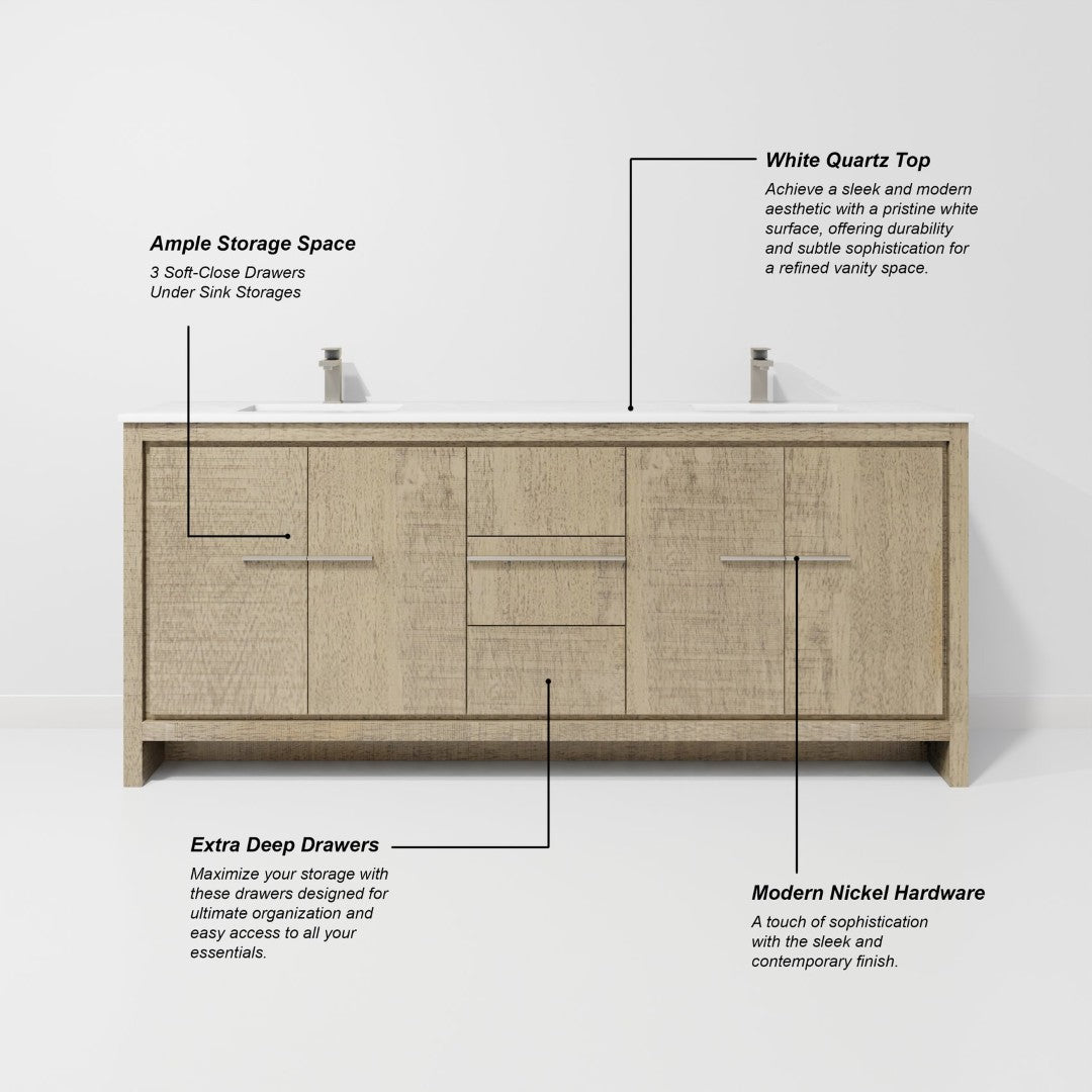 English Elm Rustic Acacia Double Bath Vanity With White Quartz Top & 70" Mirror - Stylish Storage & Durability B2731S01393-GIGA