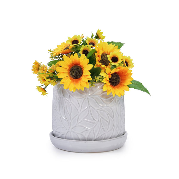 English Elm 2 Pieces Ceramic Planter Pot Set – Elegant Gloss White Flowerpots For Indoor & Outdoor Decor Spaces W3273P322374