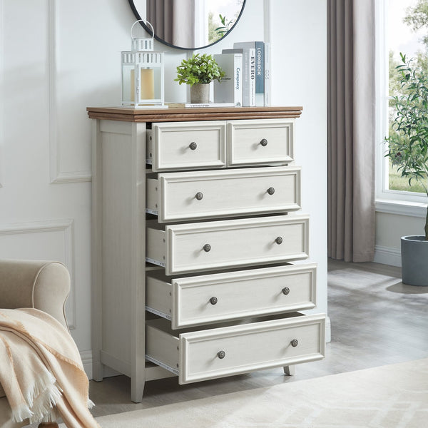 English Elm Modern 6-Drawer Chest Tall Dresser with Vintage Carved Handles, Silent Metal Rails, Stable Feet, Beige Elegance W2275P233490