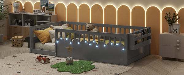 English Elm Twin Montessori Floor Bed Frame with High Rails and Built-In Light Shelf for Safe Independent Sleep Grey 79.13 L x 13 W x 6.3 H W2593P333797