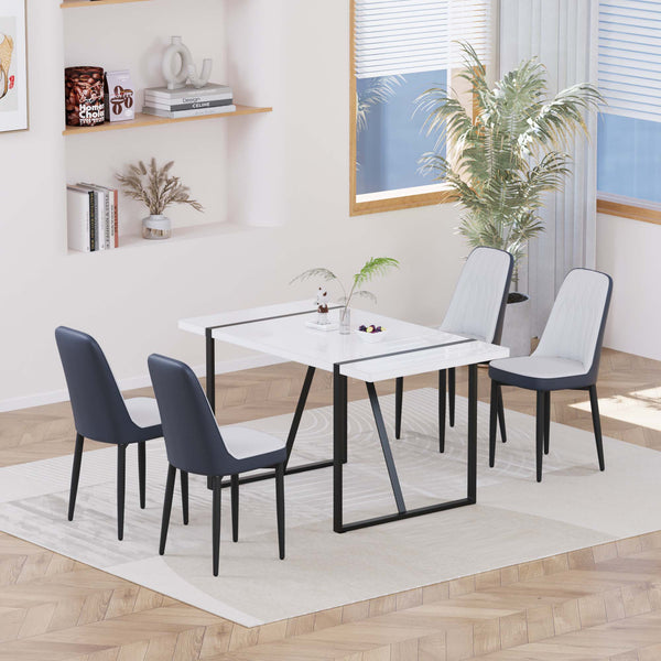 English Elm 55 Modern 4-Person MDF Dining Table Set with Sturdy Black Metal Legs and Padded PU Chairs for Families Blue,White W2189S00730