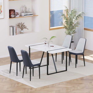 English Elm 55 Inch Industrial Dining Set White Mdf Table Matte Black Legs Four Padded Pu Chairs Blue,White W2189S00854