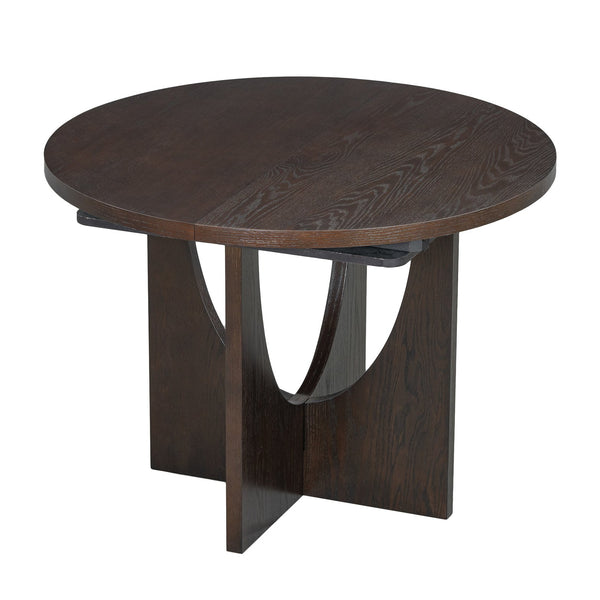 English Elm Topmax Extendable Round Dining Set with Linen Chairs and Pedestal Base Seats Five Espresso N717S000062P