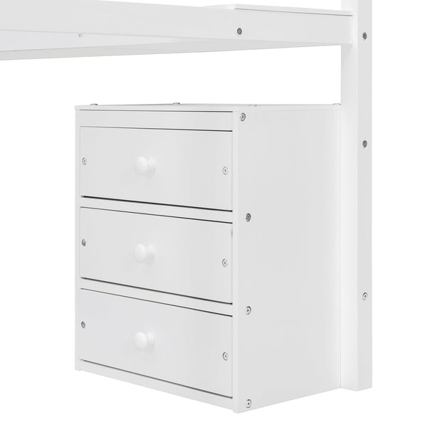 English Elm Full Size Loft Bed with Desk Drawers Led Strip and Staircase for Teen Rooms White LT000258AAK-1
