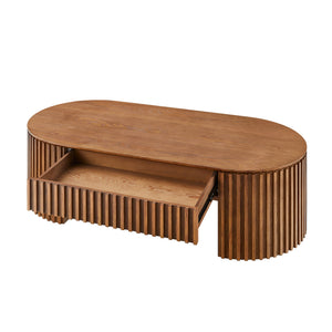 English Elm 51.18'' Oval Mdf Coffee Table with Hidden Drawer Mid-century Pedestal Base Brown W876P370284