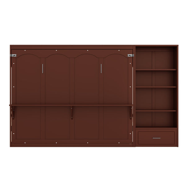 English Elm Queen Murphy Wall Bed with Folding Platform Side Cabinet Drawer and Adjustable Shelves Walnut N733S407545D
