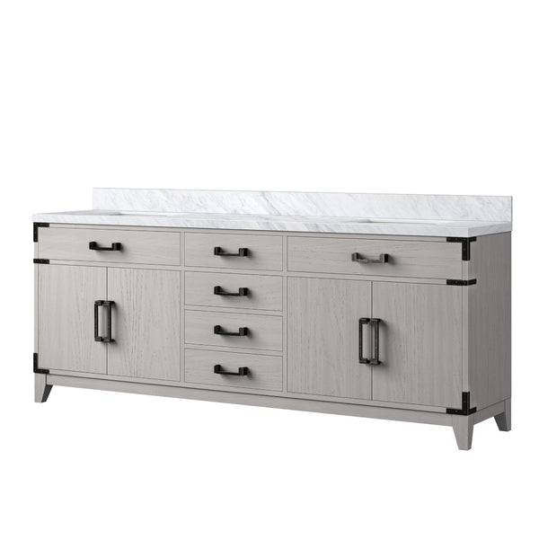 English Elm White Oak Double Bath Vanity 80" W X 22" D, Elegant Carrara Marble Top, Soft-Close Drawers & Cabinets B2731P259944-GIGA