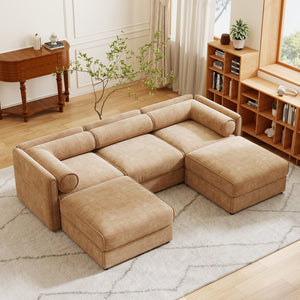 English Elm Elegant Camel Chenille Sofa With Storage & Ottoman - U-Shaped 3-Seater, Modern Comfort & Style W714S01229