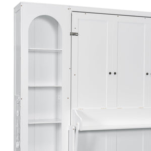 English Elm Queen Murphy Bed with Led Lighting Side Cabinets Shelving and Fold Down Desk Panel White N7090002226K-1