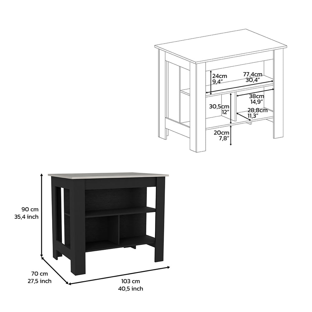 English Elm Kitchen Island With Ibiza Marble Top, 3 Open Shelves, 35" Height For Prep & Dining, Black Frame B097132963