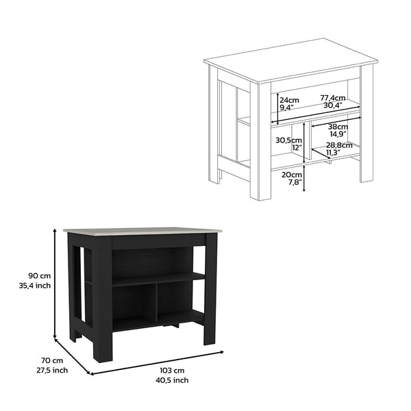 English Elm Kitchen Island With Ibiza Marble Top, 3 Open Shelves, 35" Height For Prep & Dining, Black Frame B097132963