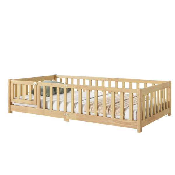 English Elm Twin Size Floor Bed With Safety Fence And Door – Eco-Friendly Rubber Wood, Low-Profile Design For Kids W504P286374-GIGA