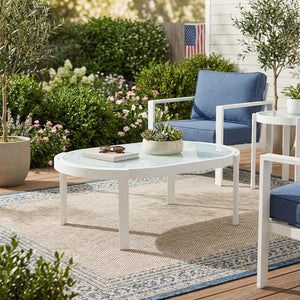 English Elm Modern Oval Outdoor Coffee Table Tempered Glass Top White Aluminum Patio Lounge N767P389536A