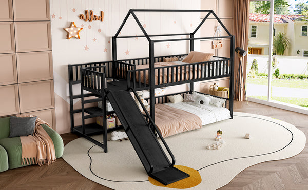 English Elm Full Metal House Bunk Bed with Slide Storage Stairs and Safety Rails for Kids W1580S00344