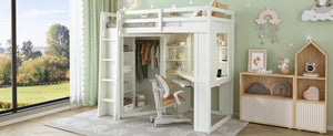 English Elm Twin Loft Bed with Wardrobe Desk Charging Station and Spotlights for Small Rooms Beige White LT000450AAK