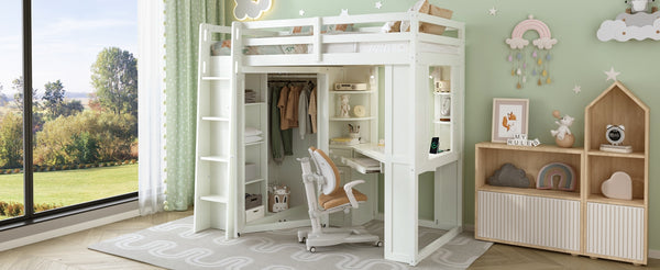 English Elm Twin Loft Bed with Wardrobe Desk Charging Station and Spotlights for Small Rooms Beige White LT000450AAK