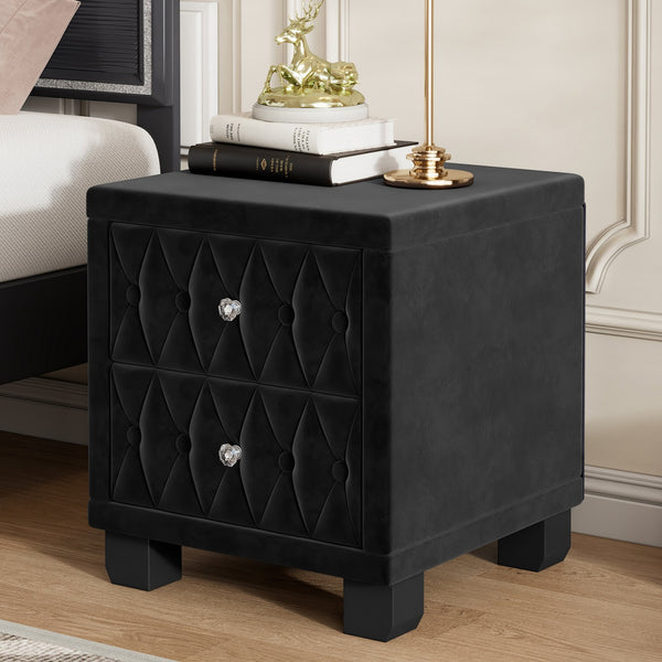 English Elm Elegant Velvet Upholstered Nightstand with Crystal Knobs Tufted Glam Bedside Storage Black N733P210398B