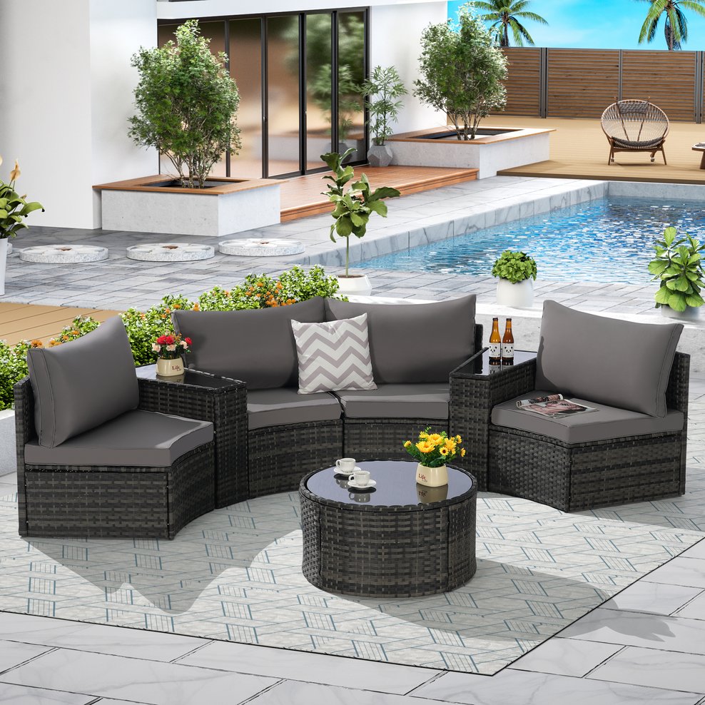 English Elm Outdoor Patio Furniture 7-Piece Half-Moon Sectional Set With Glass Coffee Table For Modern Lounging W874S00043