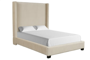 English Elm Queen Upholstered Bed with Pleated Headboard and Sturdy Rails, Easy-Clean Polyester Fabric Design Beige 79.75 L x 53.75 W x 9.5 H B2699P208288