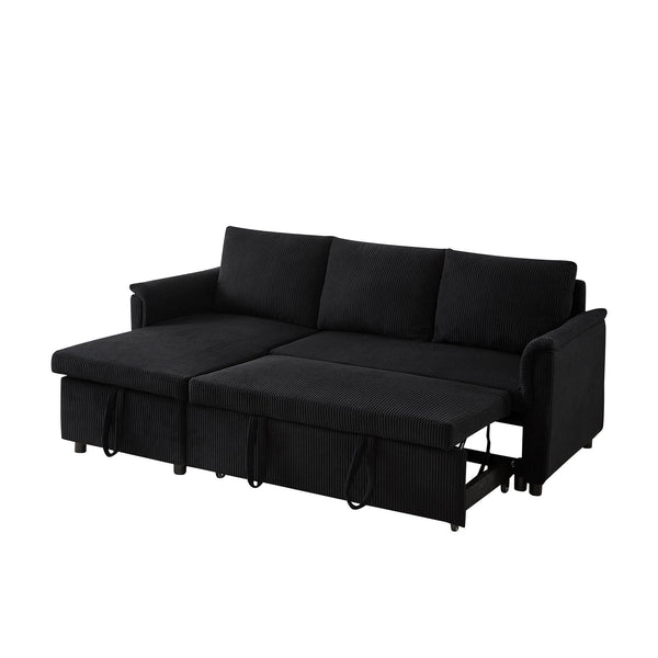 English Elm Loveseat Sectional Sleeper Sofa with Corduroy Tufted Upholstery Storage Chaise Reclining Black W2186S00011