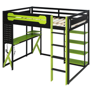 English Elm Full Size Loft Bed with Rgb Lighting Chevron Desk Usb Charging Ports and Storage Shelves Black+Green LT000286AAG