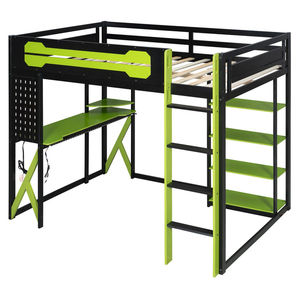 English Elm Full Size Loft Bed with Rgb Lighting Chevron Desk Usb Charging Ports and Storage Shelves Black+Green LT000286AAG