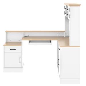 English Elm L-shaped Corner Computer Desk with Built-in Outlets Drawers and Open Shelving Storage W1580S00269