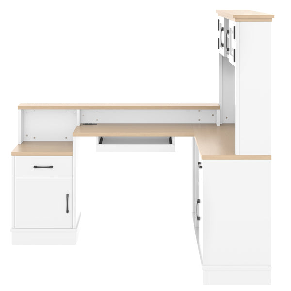 English Elm L-shaped Corner Computer Desk with Built-in Outlets Drawers and Open Shelving Storage W1580S00269