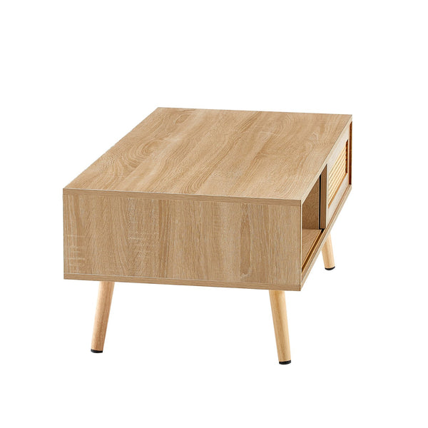 English Elm 41.34" Woven Rattan Coffee Table with Sliding Storage Door and Solid Wood Legs W126573113