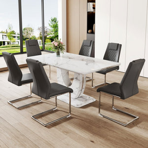 English Elm Table And Chair Set - Modern Marble Pattern Mdf Dining Table With 6 Dark Gray Pu Chairs, Ergonomic Comfort W1151S02186-GIGA