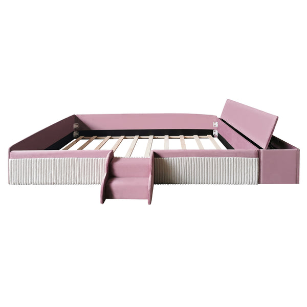 English Elm Full Size Kids Velvet Platform Daybed with Storage Ottoman Staircase Padded Rails Pink+White SF000202AAH