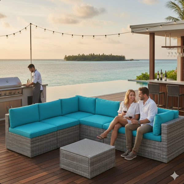 English Elm 7-piece Outdoor Modular Sectional Pe Wicker Patio Set with Tempered Glass Coffee Table Grey+Blue B082S00064