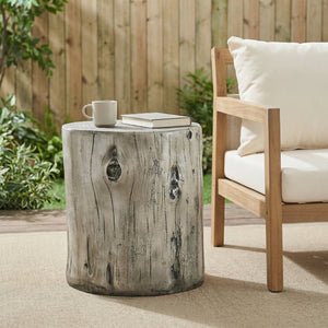 English Elm Mgo Tree Stump Side Table Lightweight Concrete Gray Wood Grain Finish Outdoor Indoor N776P372339G