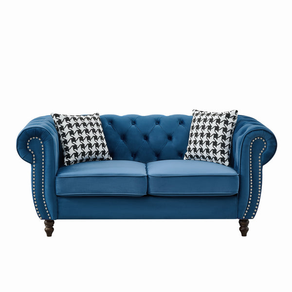 English Elm 67"Chesterfield Velvet 2-Seater Sofa with Nailhead Trim, Roll Arms, Hardwood Frame, Luxurious Comfort Blue W3373S00050