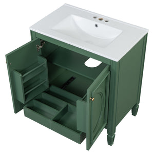 English Elm Christopher Knight Home® - 30" Bathroom Vanity with Sink Vintage Freestanding Ceramic Top Soft-Close Doors Gold Knobs, Storage Green N759P226000F