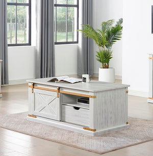 English Elm Antique Rustic White Coffee Table with Glam Metal Accents, Barnhouse Style, Center Glide Drawer Storage Antique White,Gold 51 L x 27 W x 23 H B011P321004