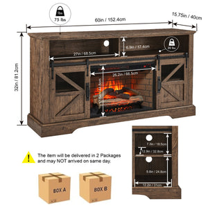 English Elm 60 Inch Farmhouse Electric Fireplace Tv Stand with Led Flame and Cabinet Storage Reclaimed Barnwood W1769S00005