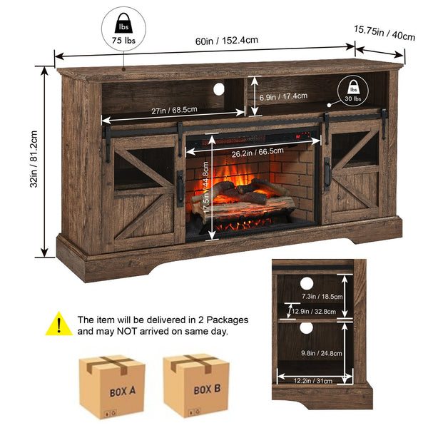 English Elm 60 Inch Farmhouse Electric Fireplace Tv Stand with Led Flame and Cabinet Storage Reclaimed Barnwood W1769S00005