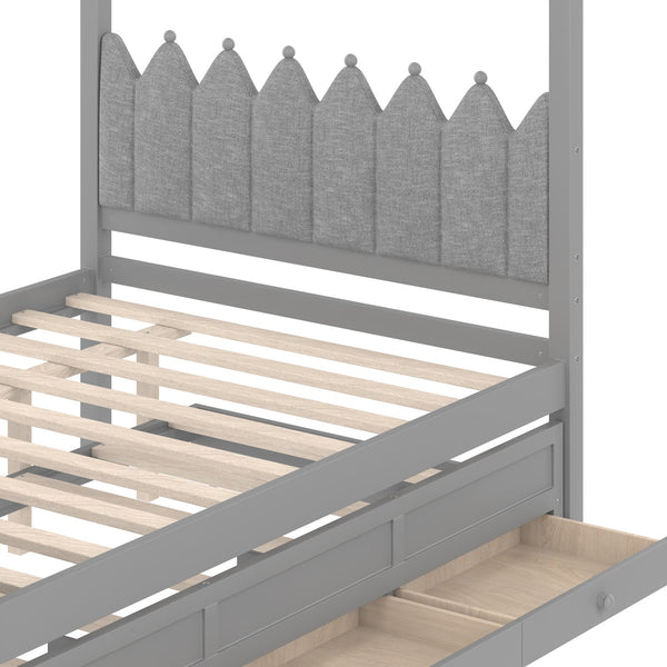 English Elm Full Bunk Bed with Trundle Bookshelf Storage Pine Frame Car Design for Kids W1580S00318
