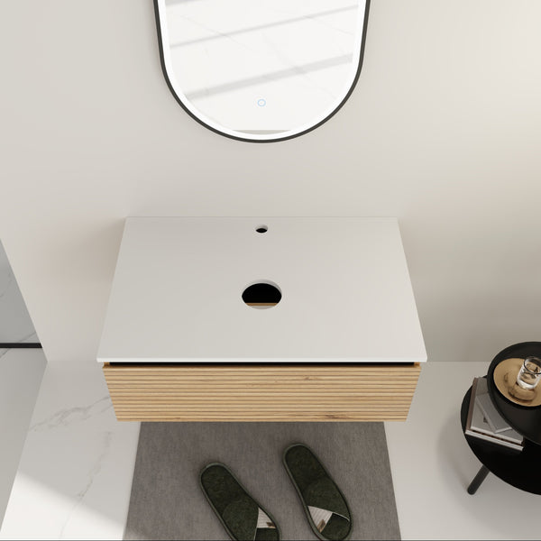 English Elm 30'' Floating Wall Mounted Bathroom Vanity Plywood Build with Soft Close Drawer W999P285410