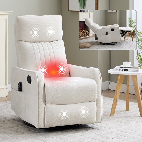 English Elm Beige Fabric Swivel Rocker Recliner with Massage Nodes and Lumbar Heat for Living Room Beige W1803P363421