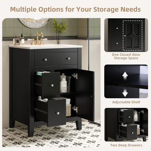 English Elm 24" Modern Bathroom Vanity with Ceramic Basin, French Country Cross-Grid Design & Soft-Close Drawers Black N710P280655B