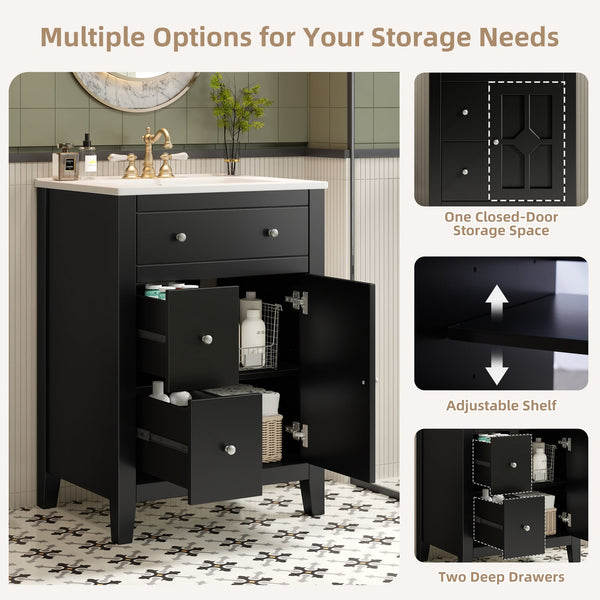 English Elm 24" Modern Bathroom Vanity with Ceramic Basin, French Country Cross-Grid Design & Soft-Close Drawers Black N710P280655B