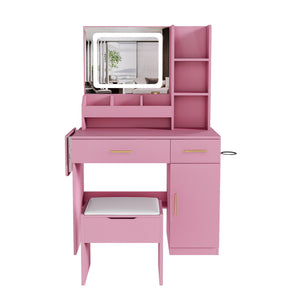 English Elm Vanity Desk with Led Mirror Power Station 3 Drawers Shelves and Makeup Stool W2700P342539